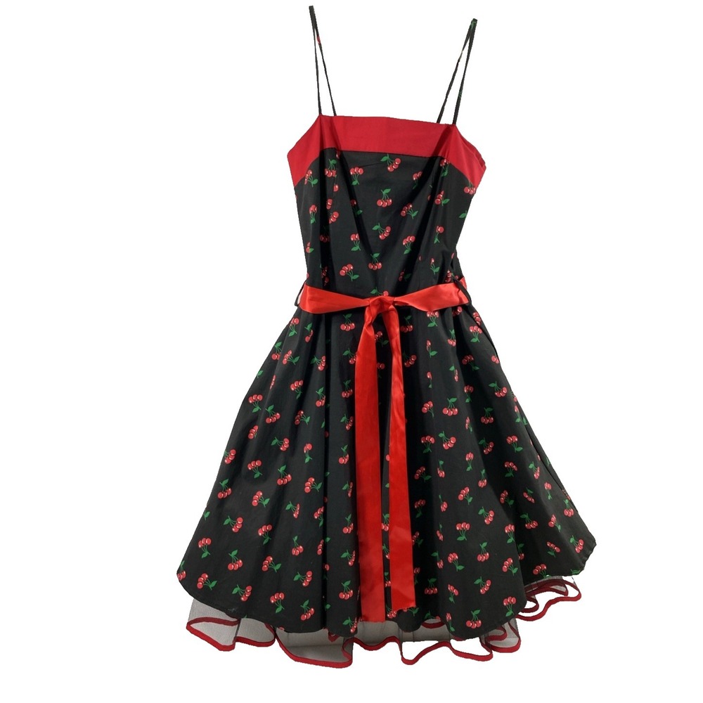 Jung Kim Sundress Womens Medium Cherry Print Red Black Tulle‎ Whimsygoth Fairy